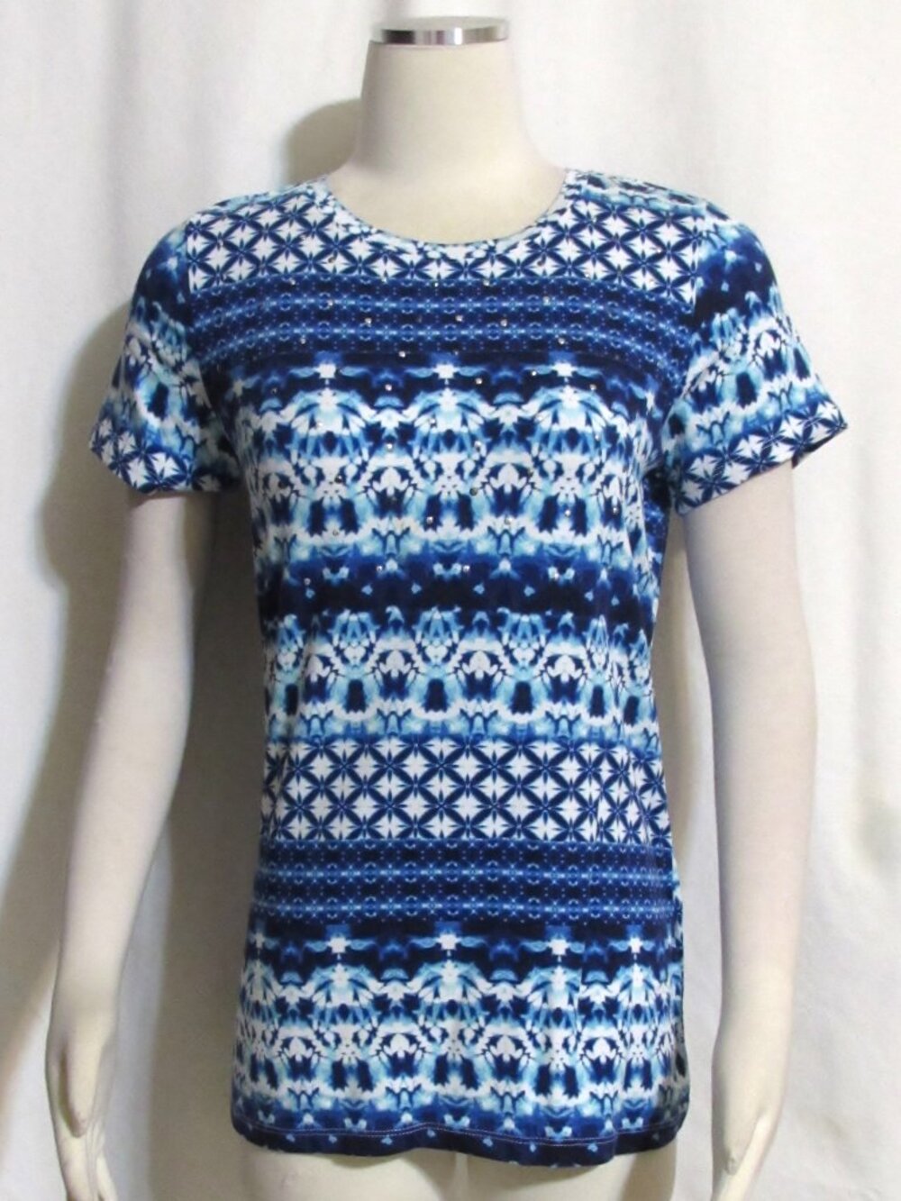 NEW Womens Ladies RAFAELLA Blue & Aqua Pattern Stretch Tee Shirt Top S ORIG $48